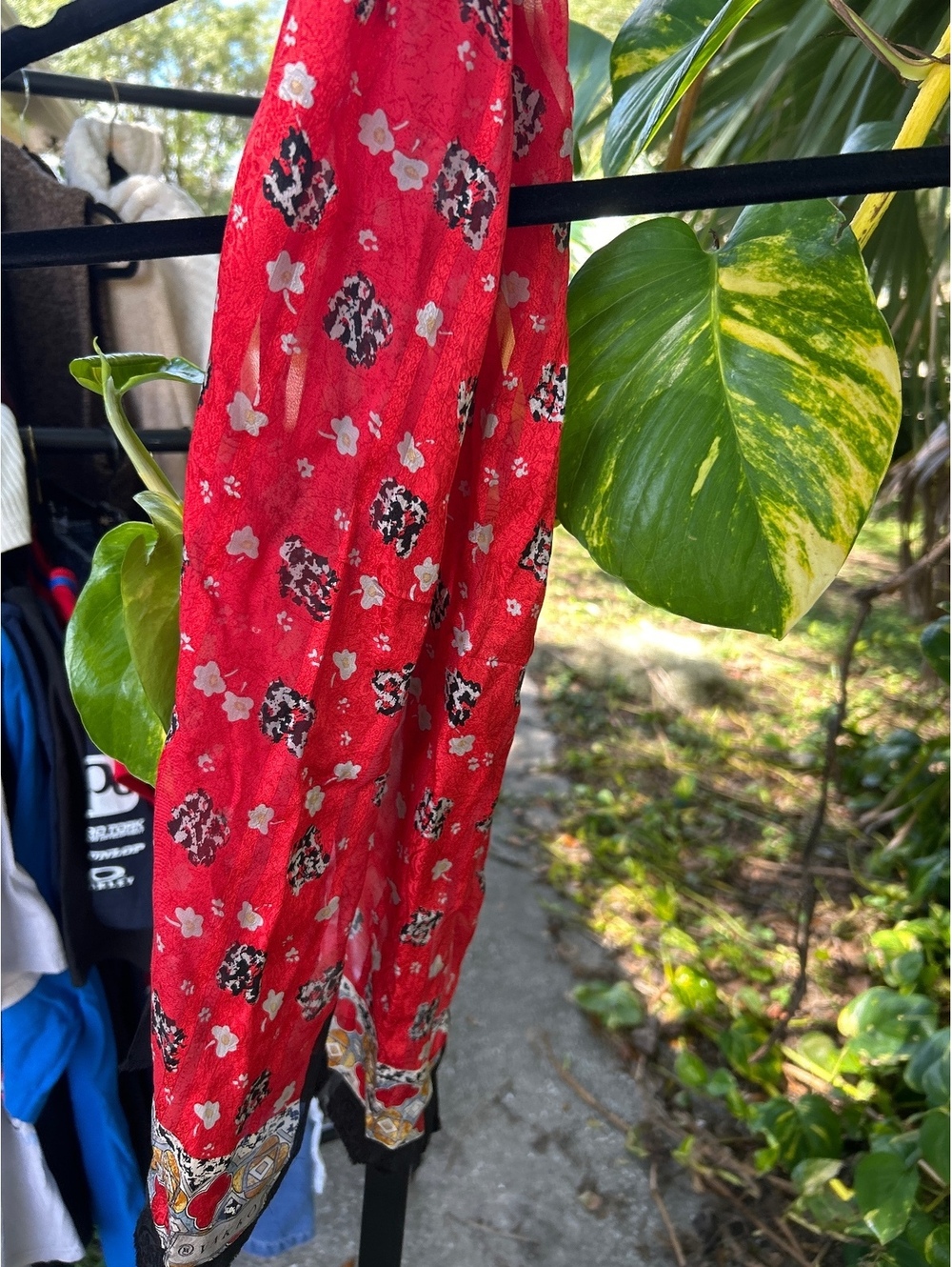 Red Floral Pure Silk Scarf with Black and Gold Border